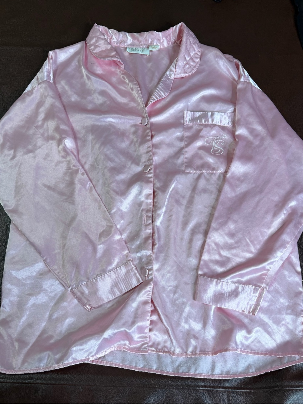 Vintage Victoria’s Secret Silky Pink Satin Pajama Top with Monogram Pocket